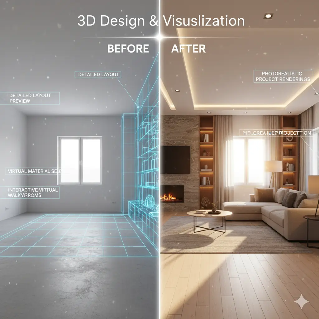 3D rendered visualization of a finished interior