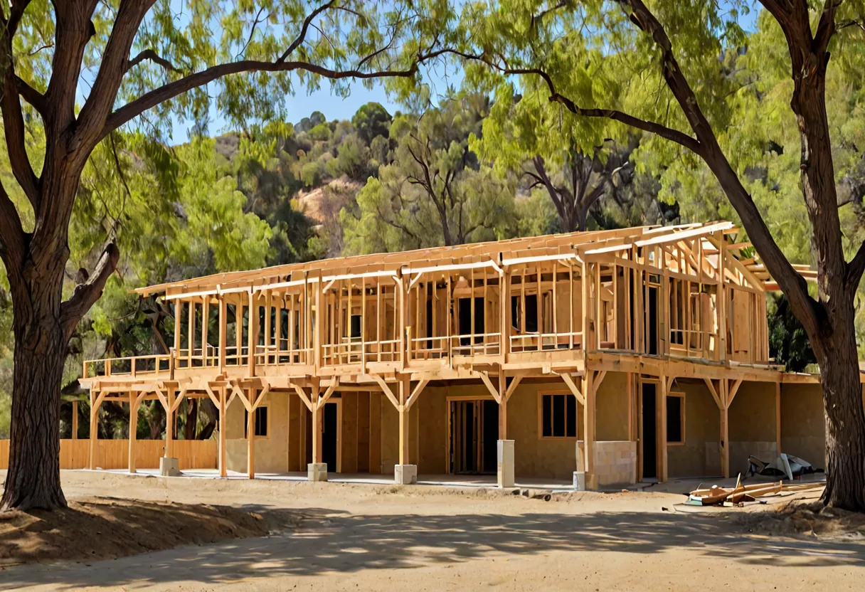 Structural framing and bracing in a California home under construction