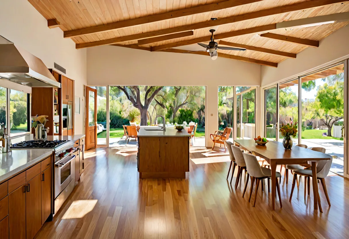 An open-plan living and kitchen space in a remodeled Los Angeles home