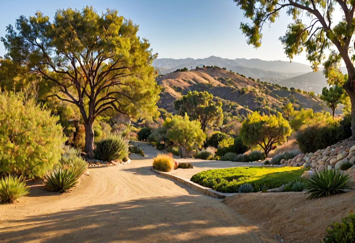 Defensible space landscaping around a Los Angeles hillside property