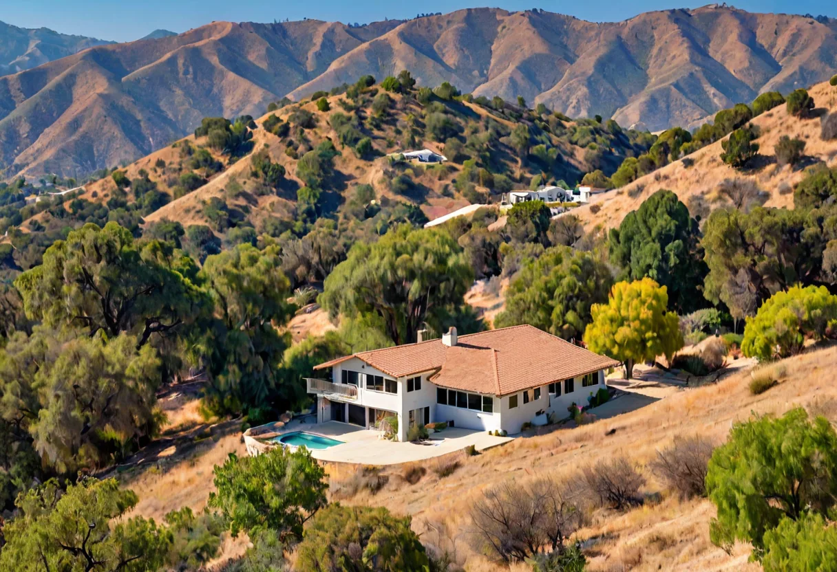 A California hillside home with fire-resistant construction and cleared defensible space