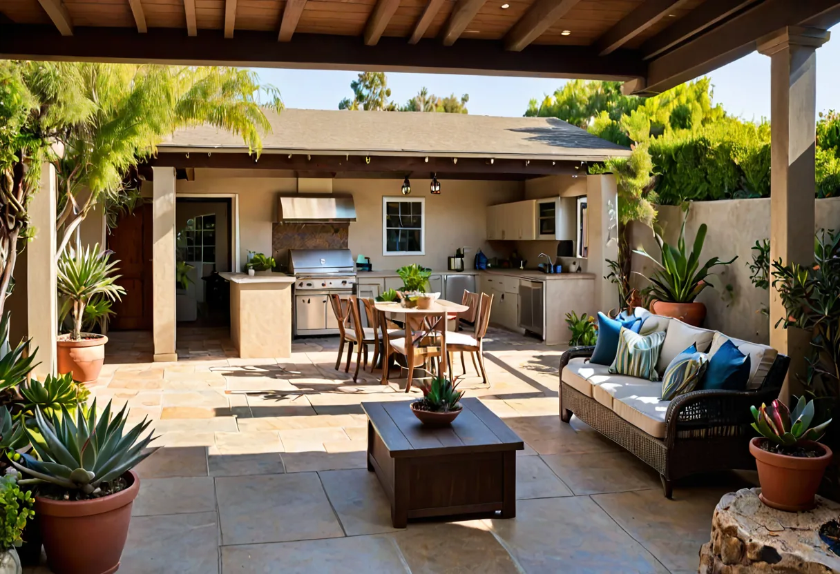 A covered outdoor living area with kitchen at a San Diego home