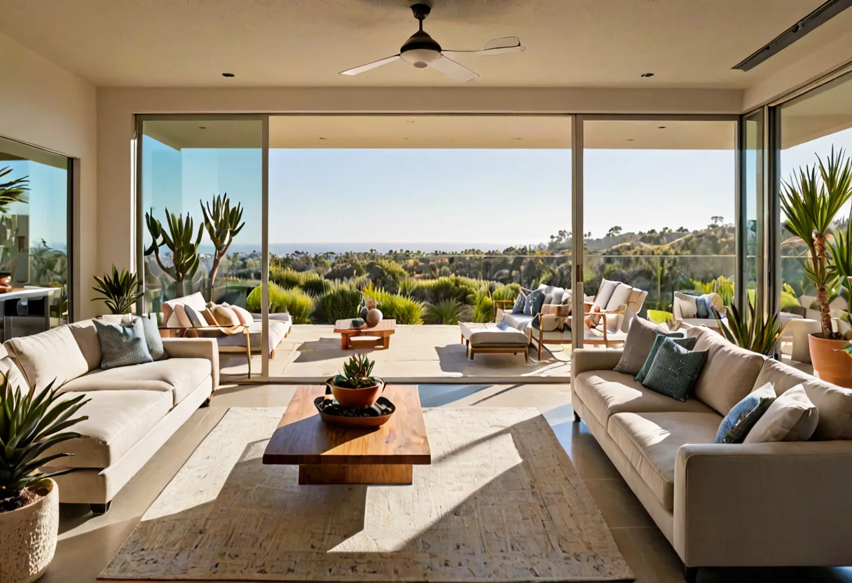 A San Diego living room opening onto a terrace through sliding glass walls