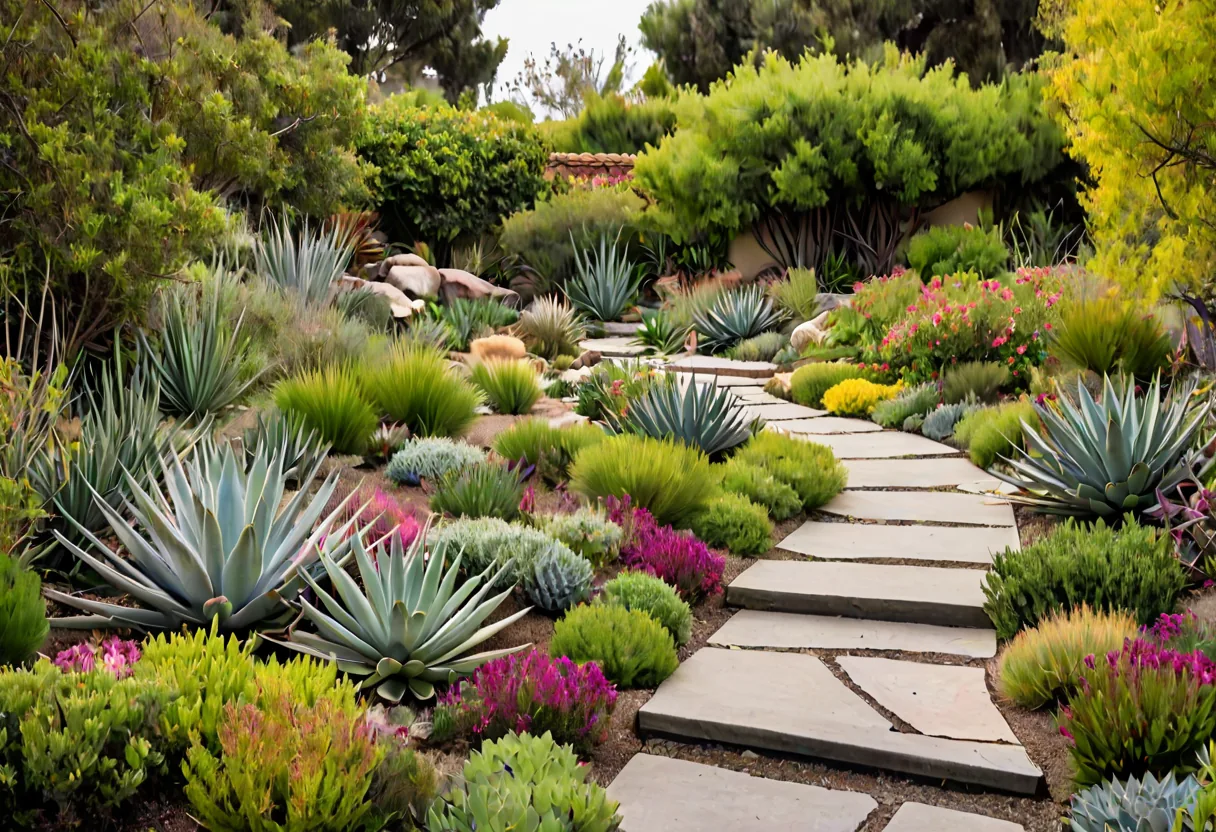 A lush water-wise San Diego garden with succulents and grasses