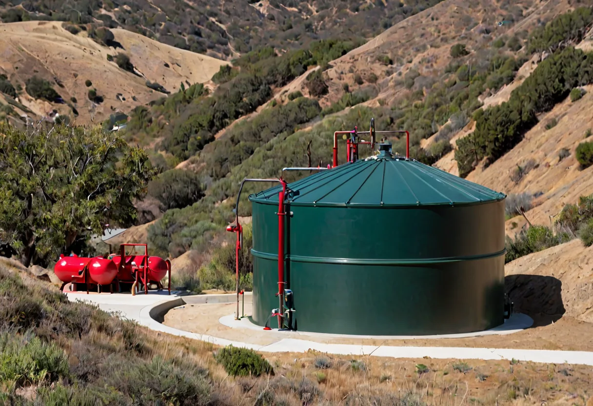 A water storage tank with pump manifold and pipework beside a hillside property