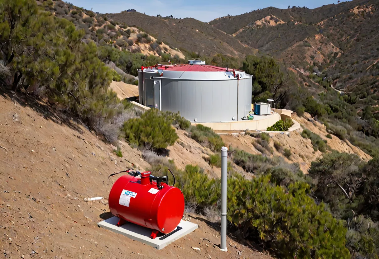 A water storage tank and pump set serving a San Diego canyon-edge property