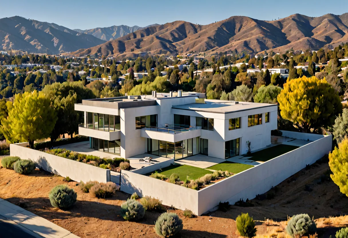 A 3D model view of a contemporary Los Angeles house exterior