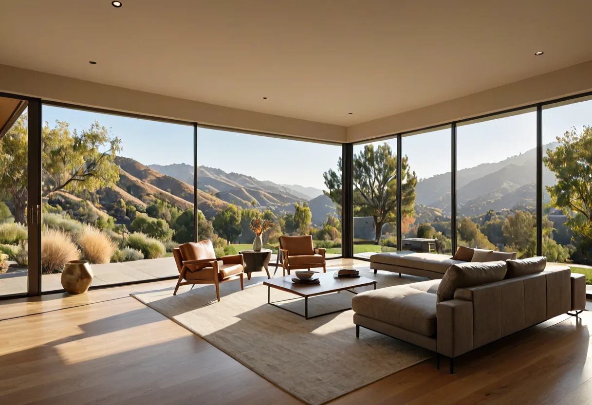 A 3D rendering of a modern California hillside home interior