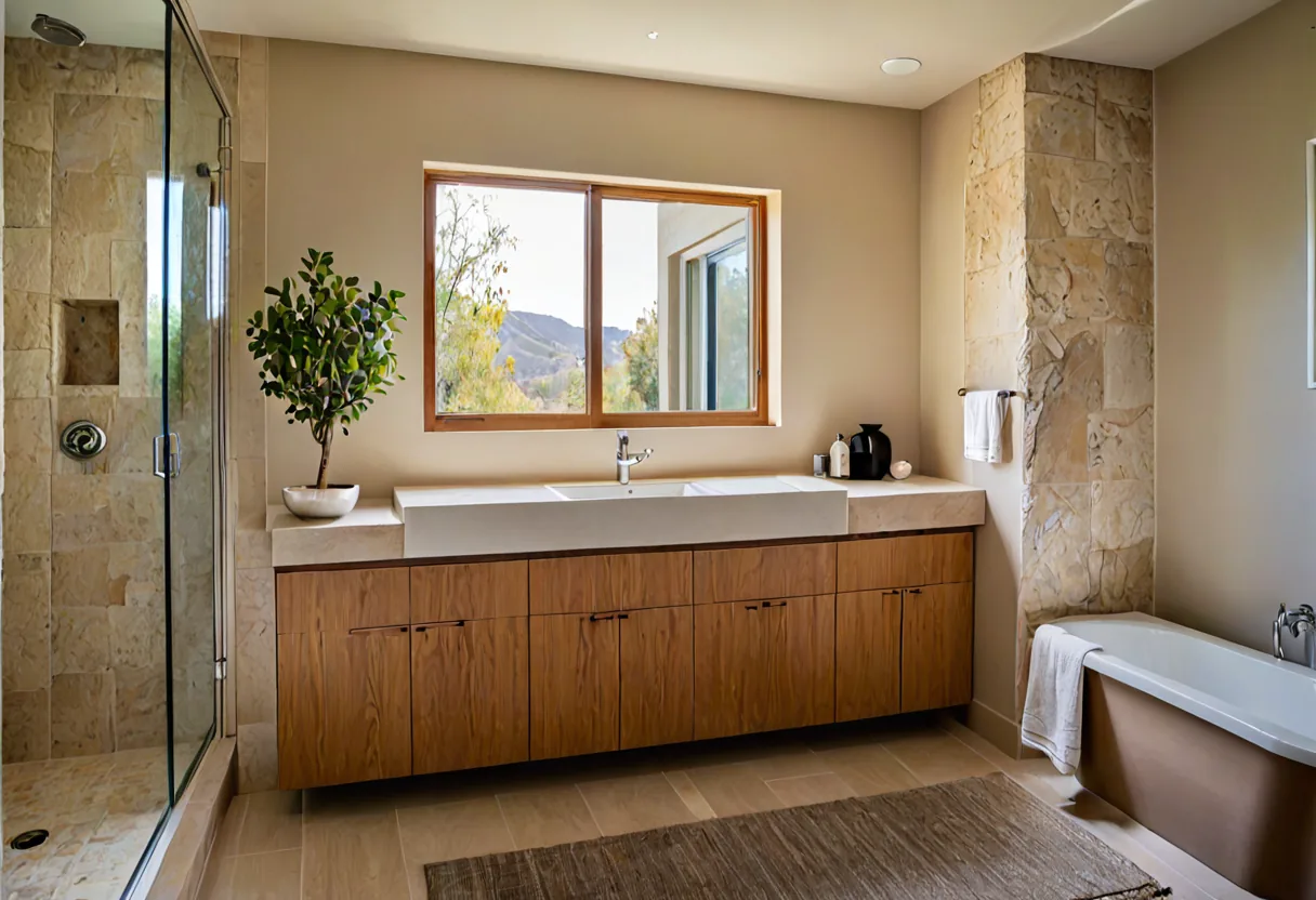 A modern guest bathroom with stone vanity in a California home