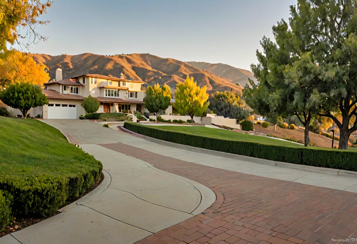 A wide driveway approaching a Los Angeles hillside house