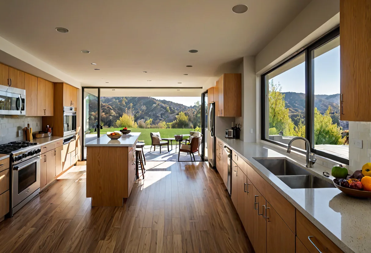 A modern kitchen opening onto a covered patio in the San Fernando Valley