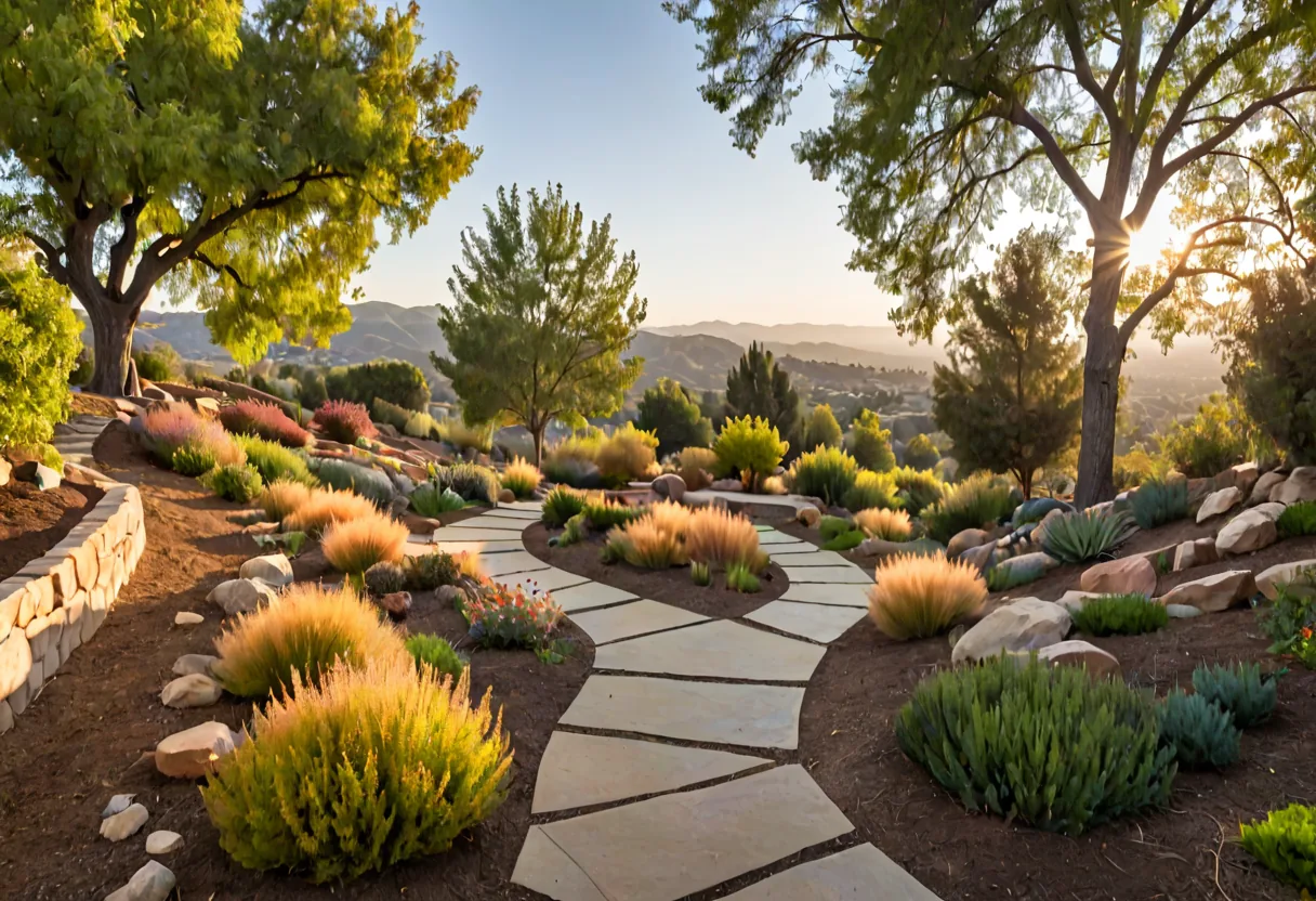 A terraced drought-tolerant backyard in Los Angeles