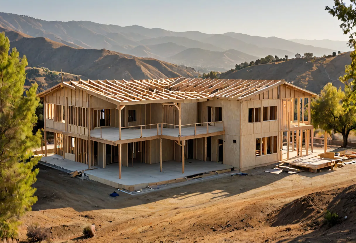 A Los Angeles house under construction showing framing and shear walls
