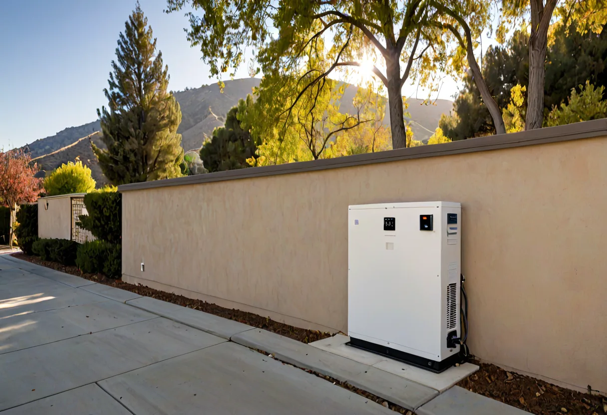 A home battery storage unit on a California house exterior