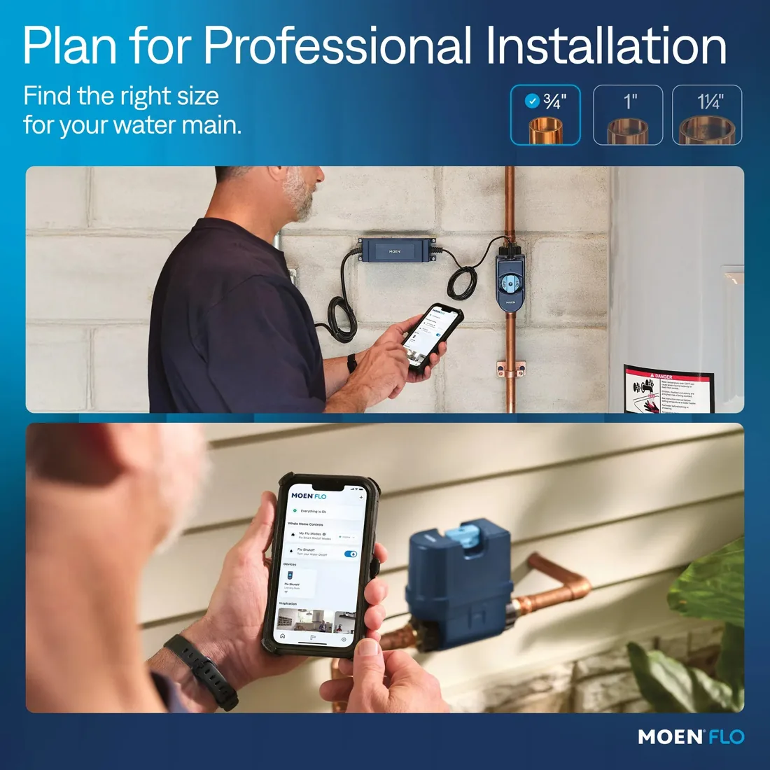 Moen Flo smart water shutoff professionally installed on a main water line