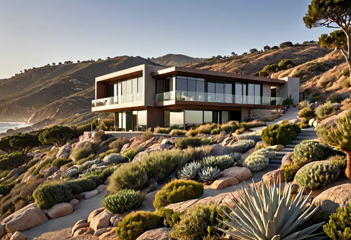 A 3D rendering of a contemporary California coastal house exterior