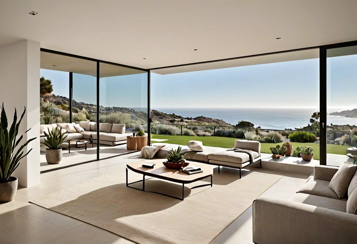 A 3D rendering of a modern San Diego interior opening to a terrace