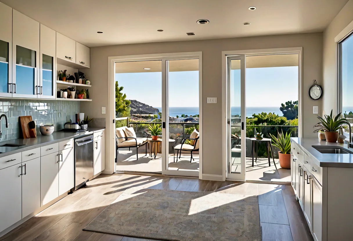 The interior of a compact guest unit opening to a patio