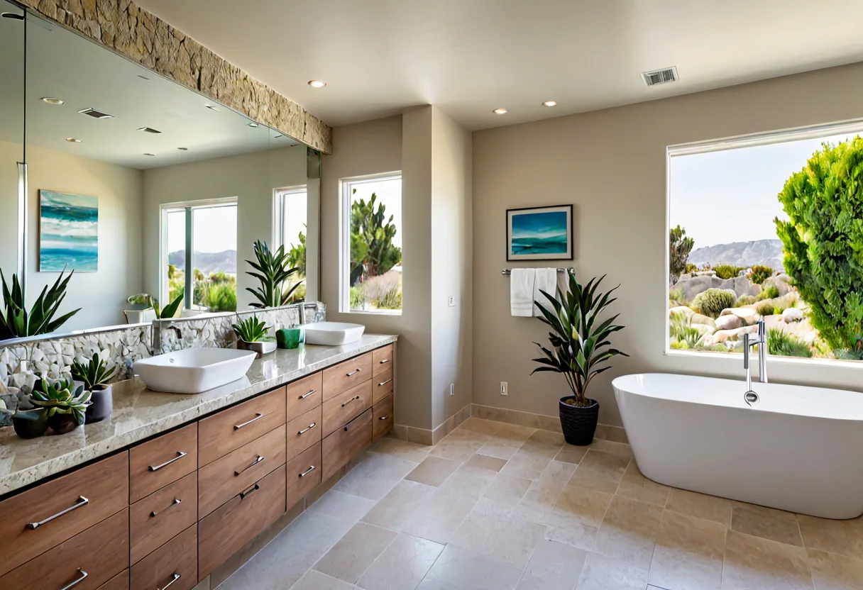 A bright modern bathroom with stone vanity and skylight