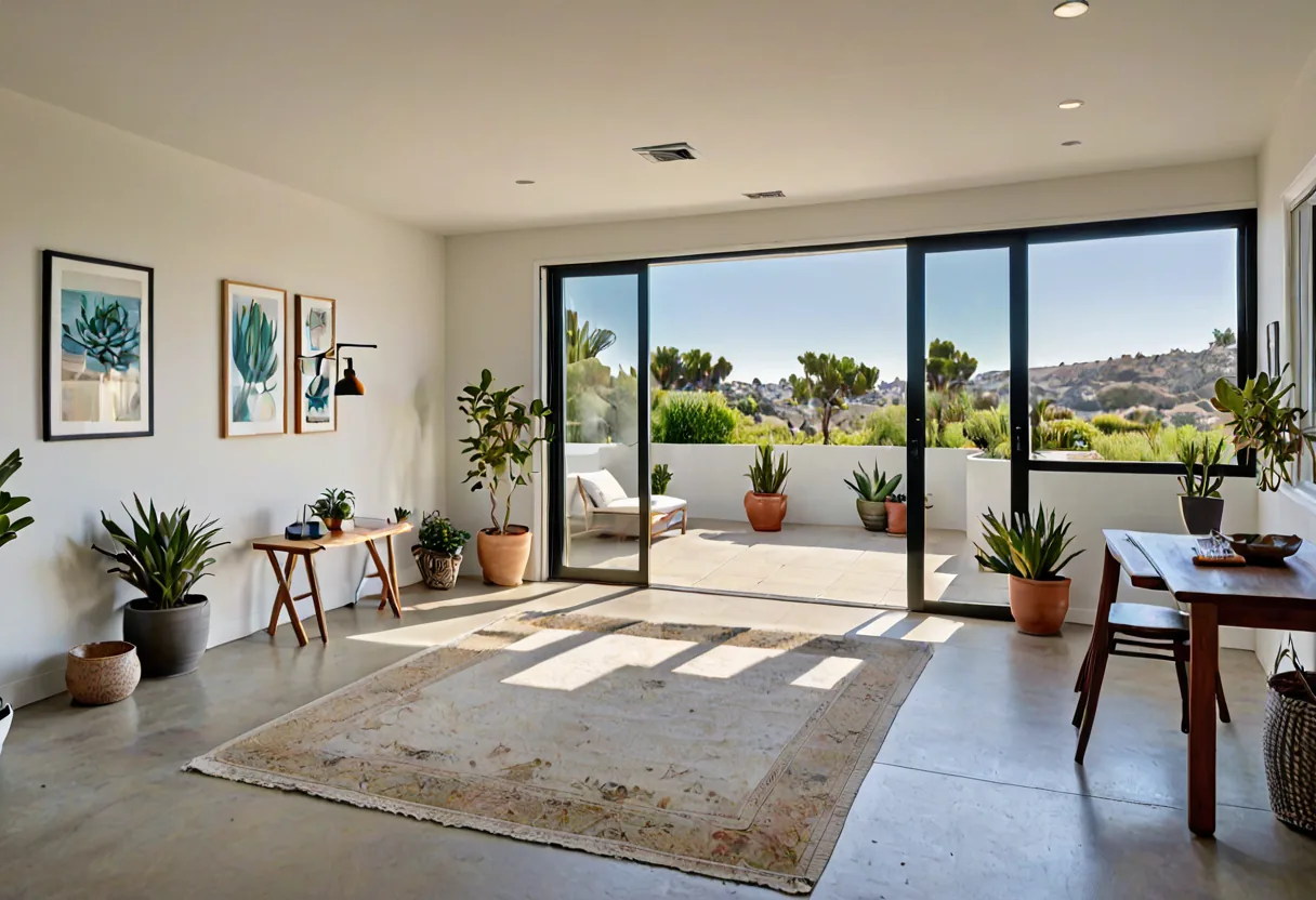 A converted garage now a bright studio opening to a patio