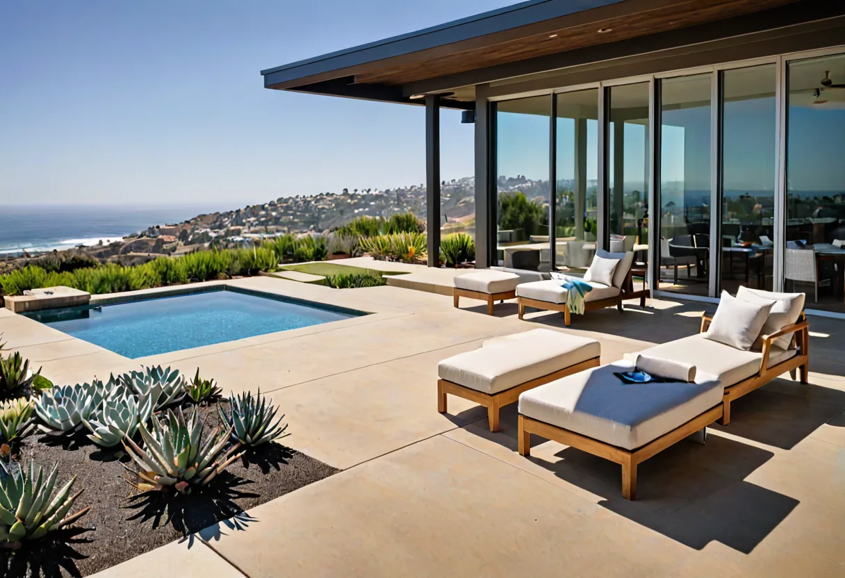 A pool deck and seating area behind a modern San Diego home