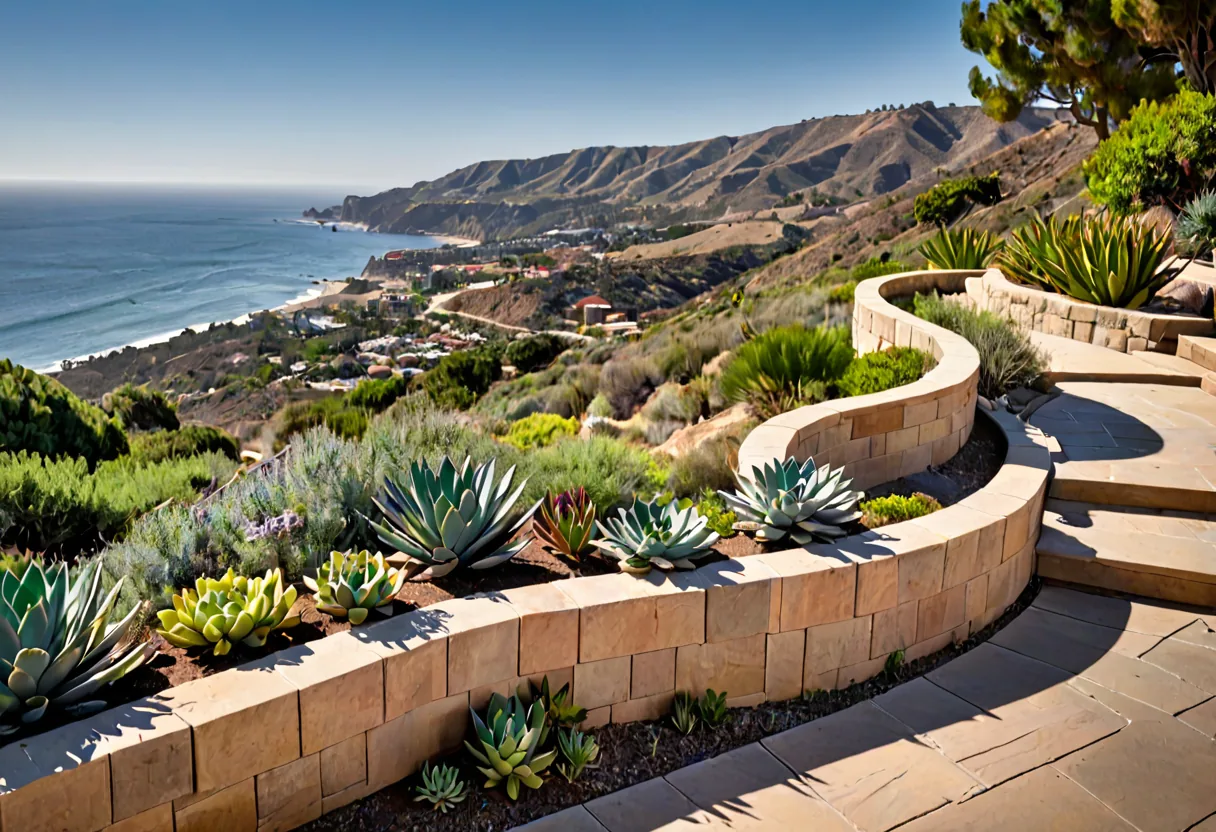 A paver terrace and retaining wall on a San Diego canyon lot