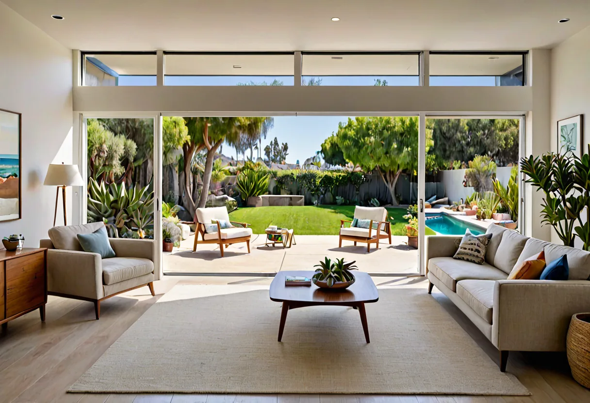 A remodeled mid-century San Diego living room with sliding doors