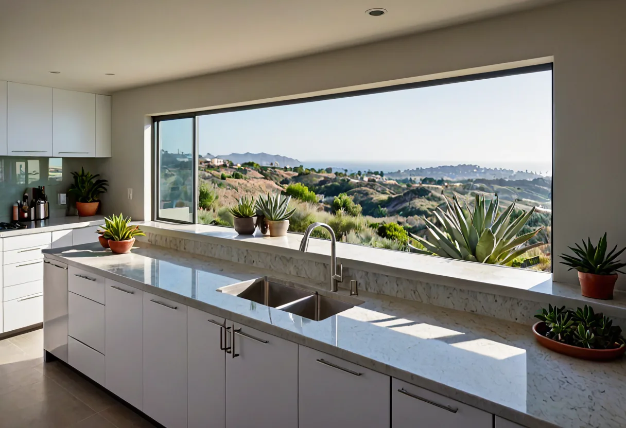 A kitchen with a pass-through window to an outdoor counter