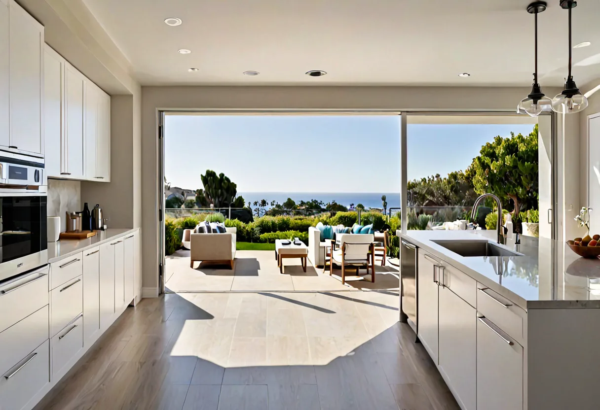 A remodeled kitchen opening onto an outdoor terrace in San Diego
