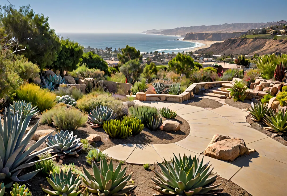 A terraced canyon-edge backyard with drought-tolerant planting