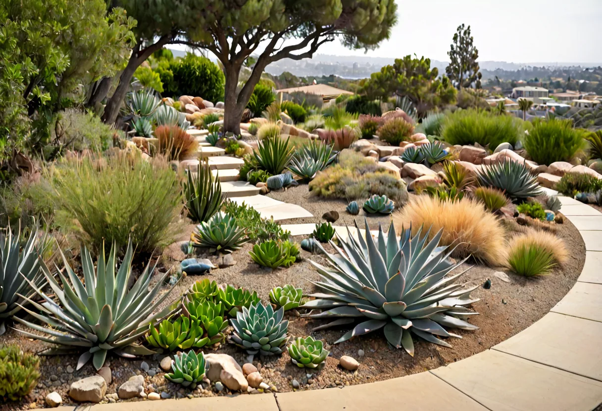 A water-wise San Diego front garden with succulents and grasses