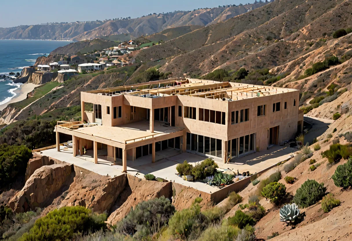 A San Diego house under construction on a canyon lot