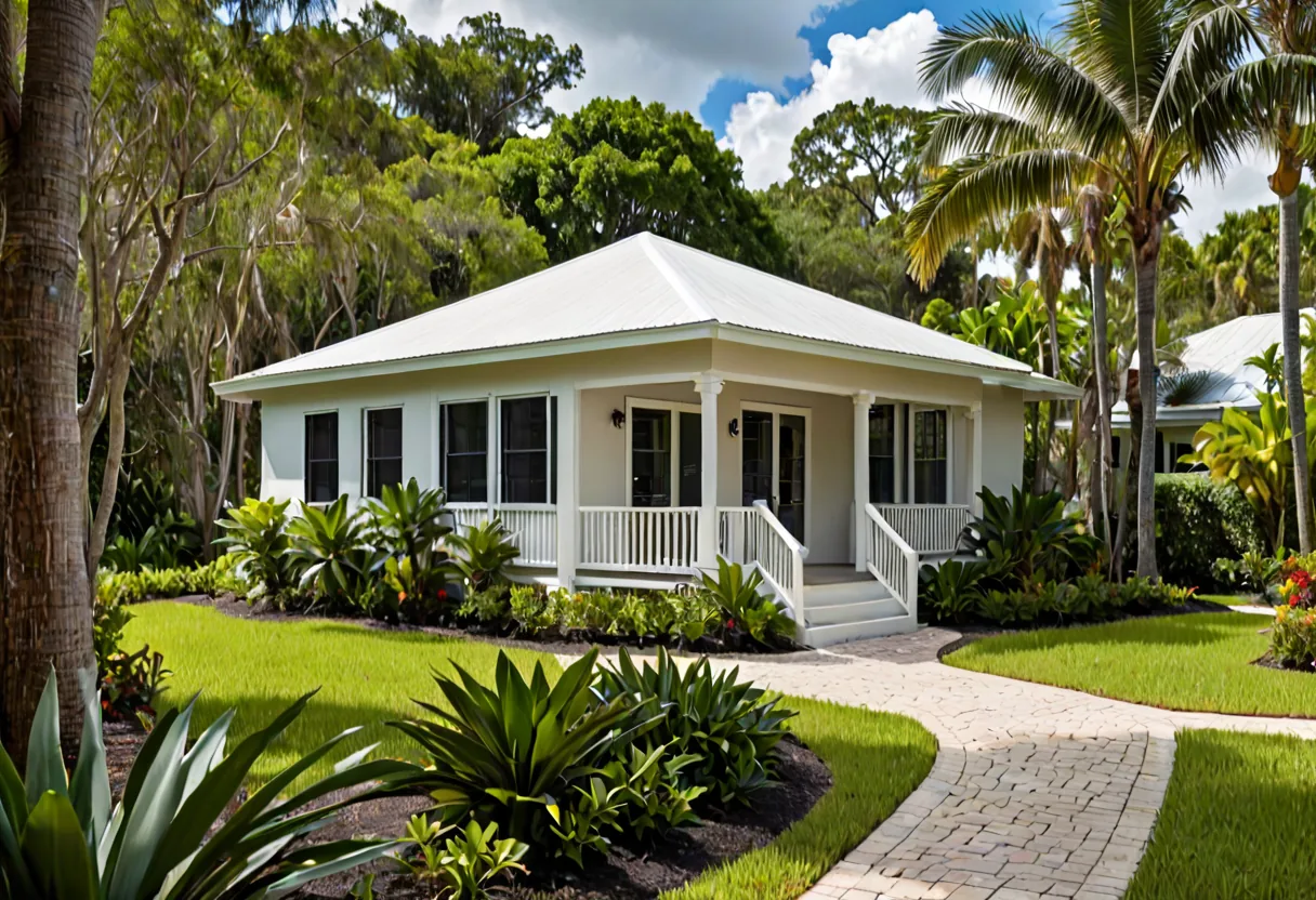 A guest house with a covered porch beside the main residence