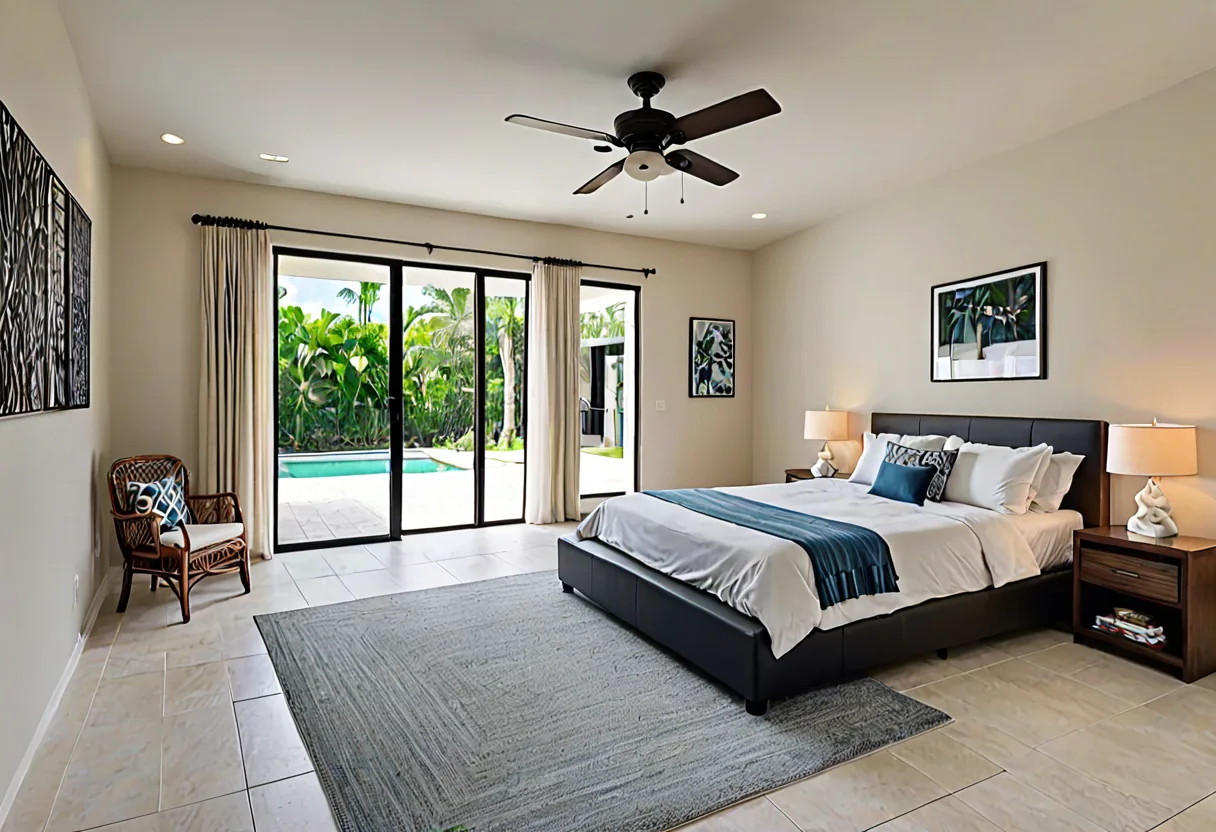 A converted garage now a guest room with garden doors