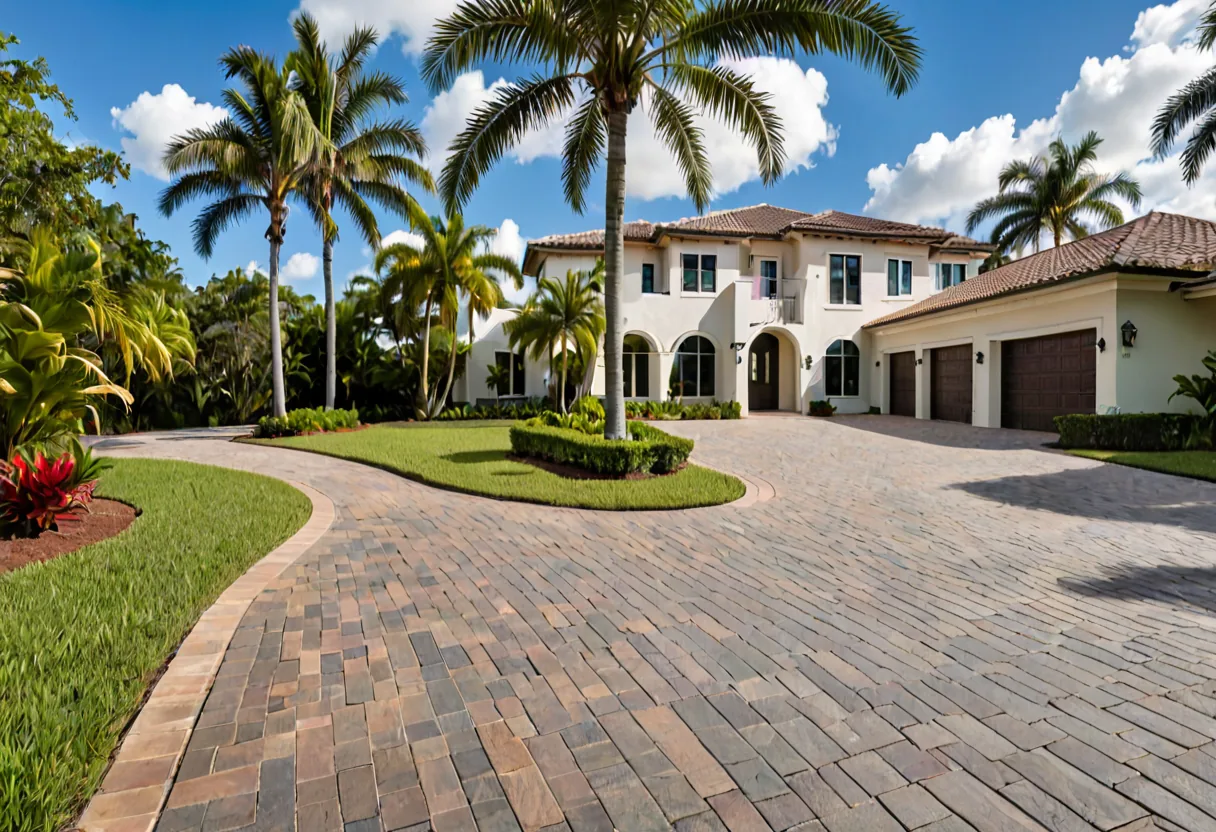 A paver driveway leading to a modern Florida house