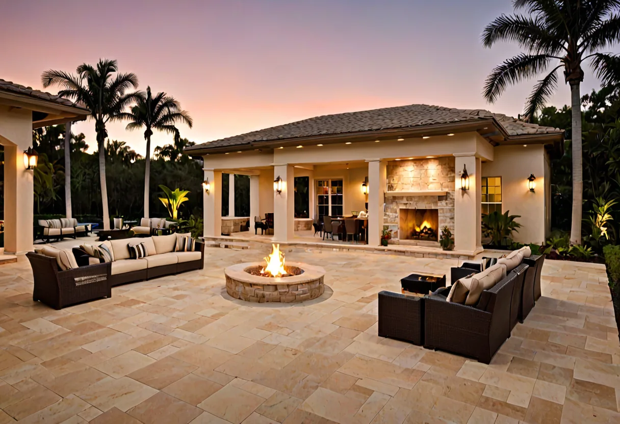 A travertine terrace with outdoor seating and a stone fire feature