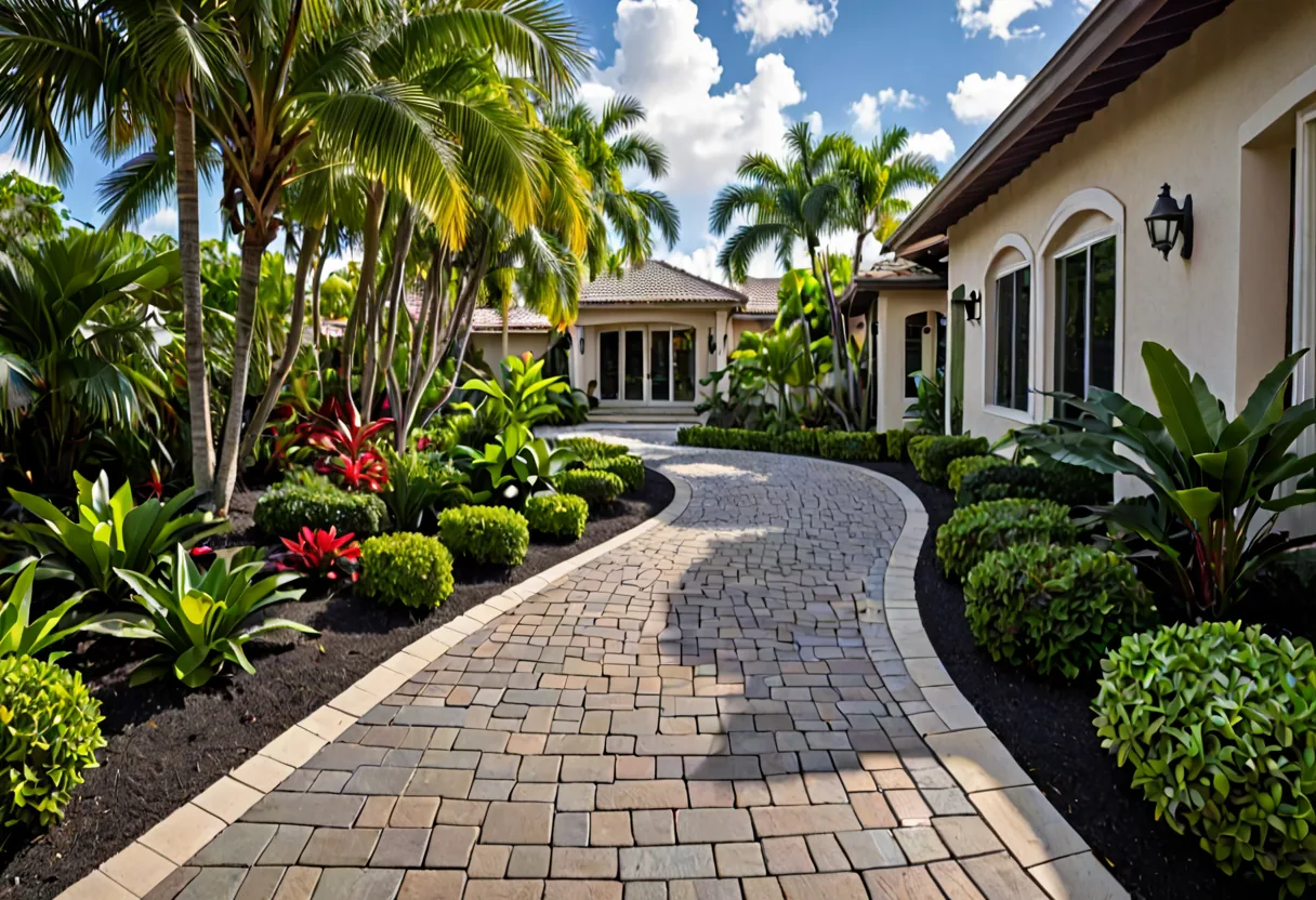 A paver walkway through a tropical garden to a Florida home