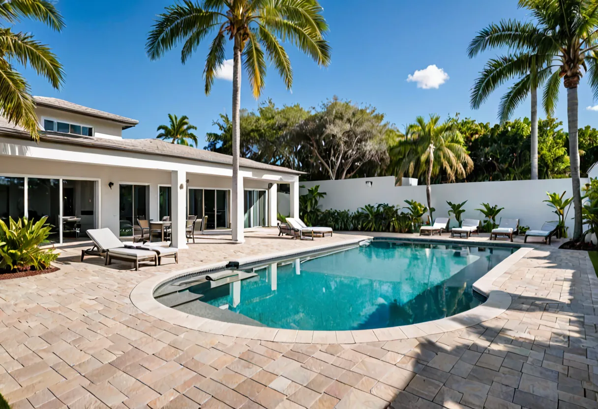 A paver pool deck and landscaped backyard of a Florida home