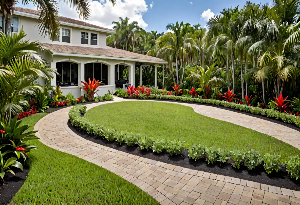 A landscaped backyard with tropical planting and a paver terrace
