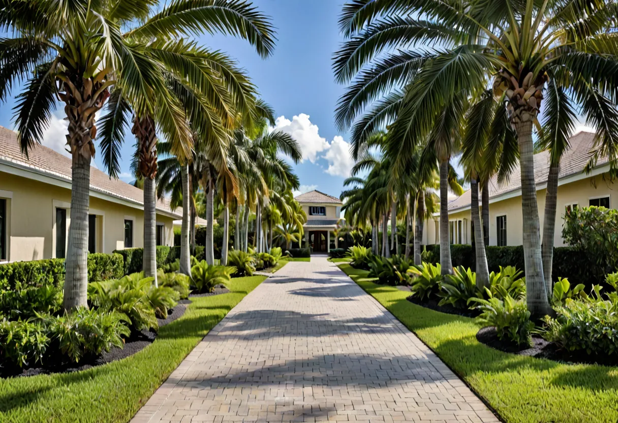 A palm-lined driveway approach to a Florida residence