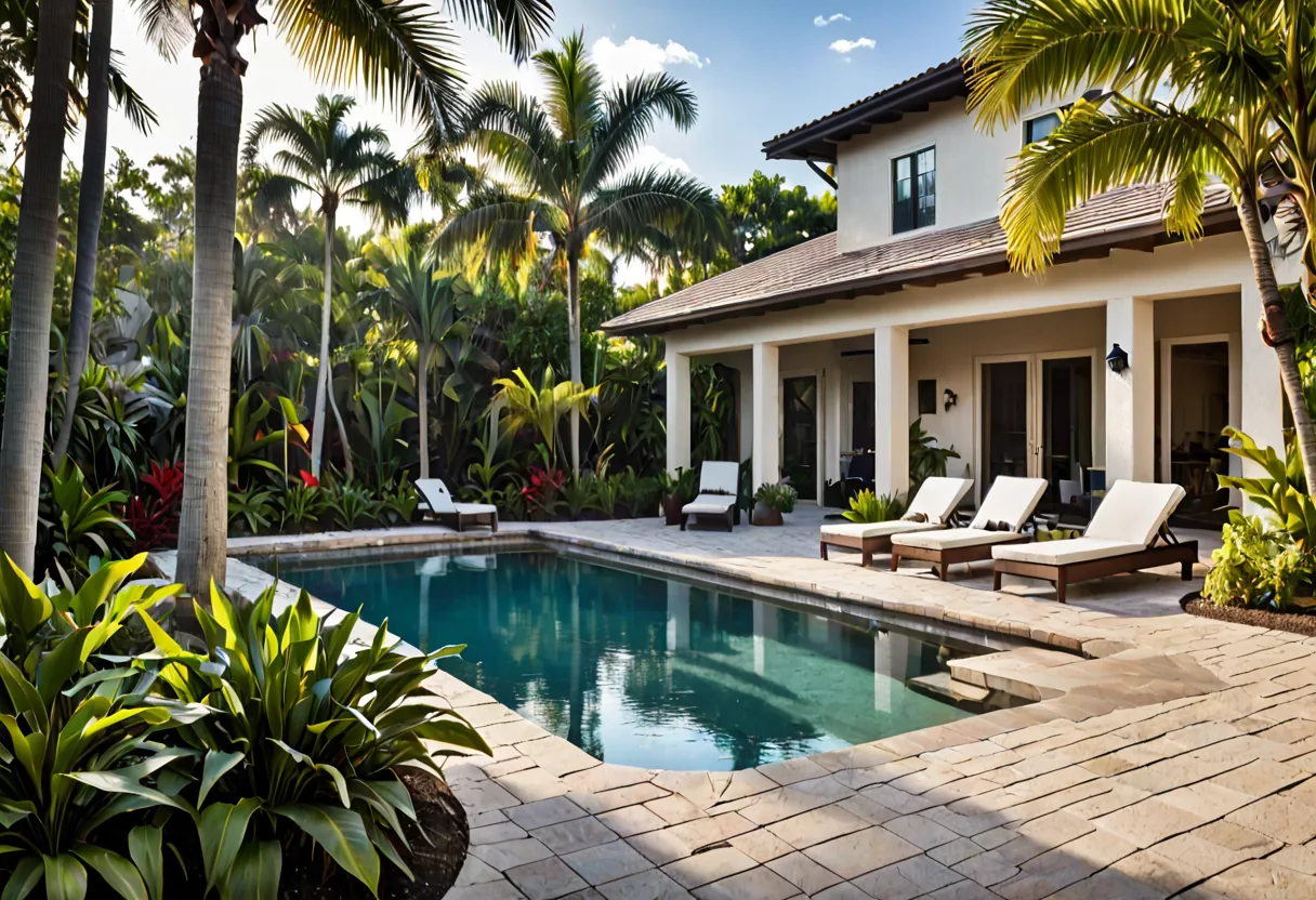 A tropical poolside garden with layered planting