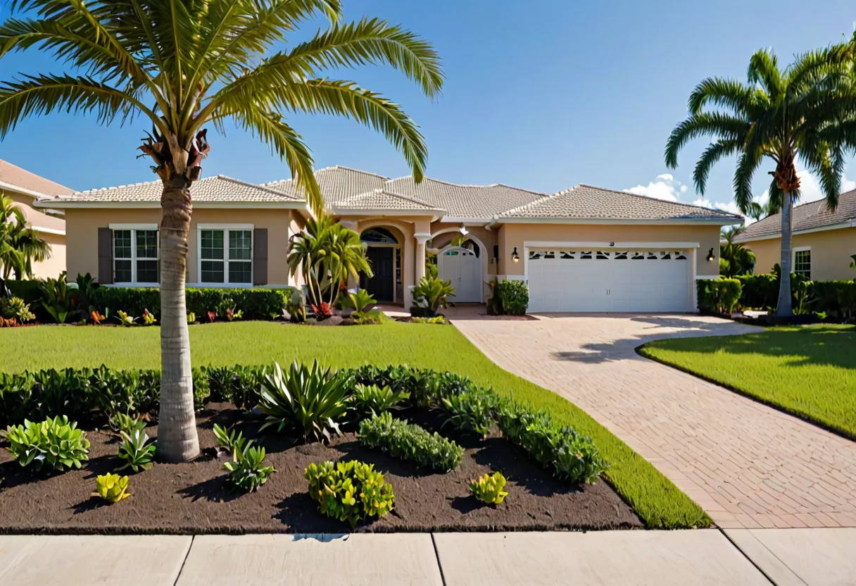 A professionally landscaped tropical front garden of a Florida home