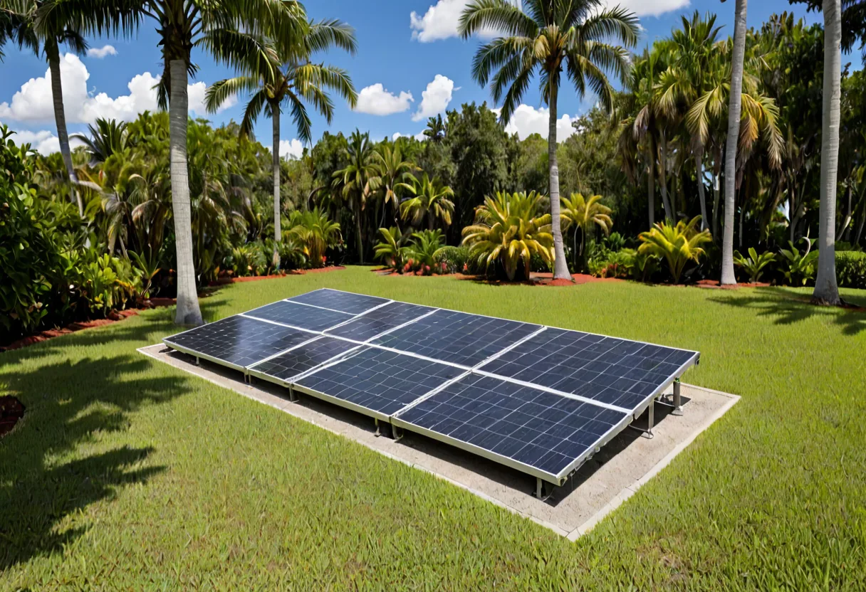 A ground-mounted solar array in the grounds of a Florida property